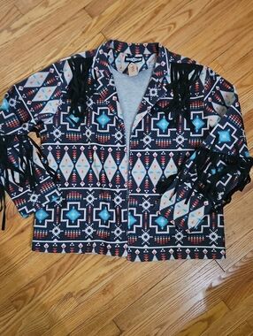 Rowdy Crowd Fringe Aztec Print Cropped Jacket - Black/Turquoise